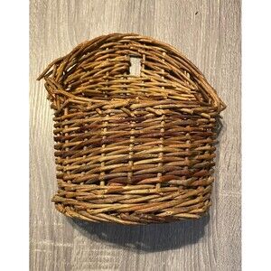 Vintage Handmade Natural Wicker Hanging Basket Wall Pocket Curved Cottagecore